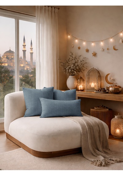 Br Perle Koyu İndigo Keten Dokulu Dekoratif Kırlent Kılıfı Modern Salon Koltuk Yastığı