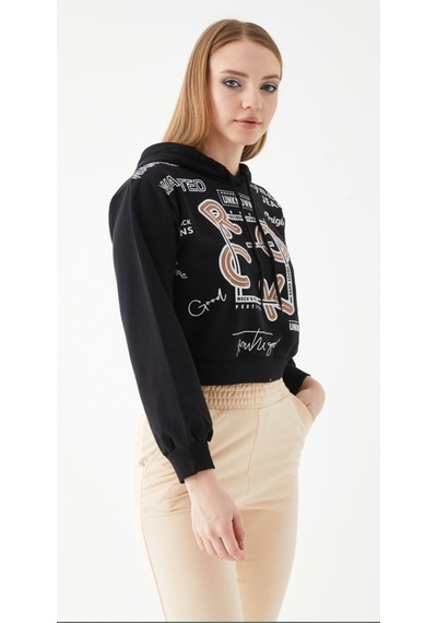 Siyah Baskılı Kapüşonlu Sweatshirt-l Siyah