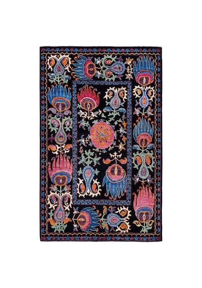 Vintage Makine Halısı Yıkanabilir Kaymaz Taban Siyah Şönil Salon Halısı 1114 Çok Renkli