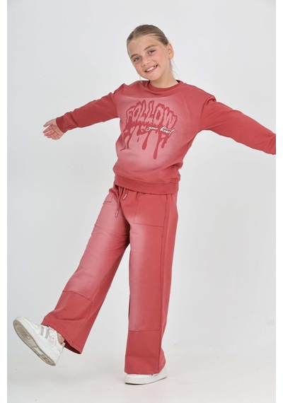 Toontoy Kids Toontoy Kız Çocuk 2'li Takım Eskitme Baskılı Bisiklet Yaka Sweatshirt & Beli Lastikli Cepli Bol Paça Eşofman Altı - 2 İplik Kiremit