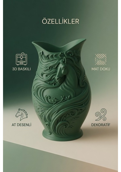 At Desenli Dekoratif Vazo Mat Dokulu Çiçeklik Modern Ev Ofis Masa Raf Salon Süs Aksesuarı 15x10 Cm Yeşil