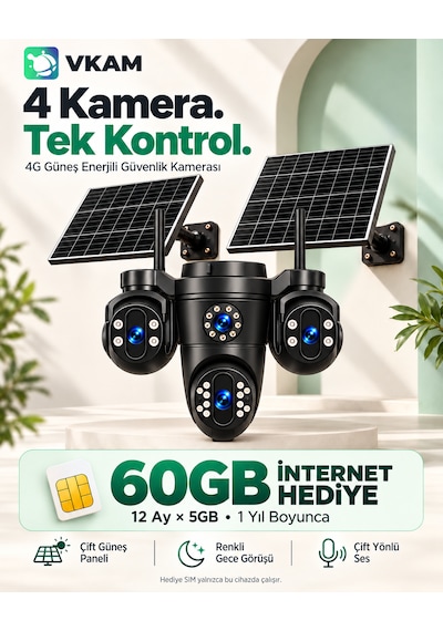 Vkam Reina 4 Kameralı 4g Çift Solar Panel Aov Gece Görüş Sesli Konuşma 1 Yıl İnternet