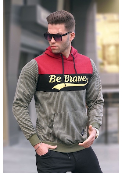 Madmext Kapşonlu Çizgili Sweatshirt Haki 2815-haki Haki