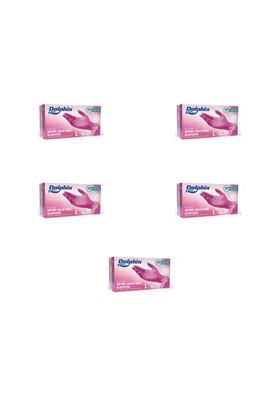 Dolphin Tek Kullanımlık Pembe Nitril Eldiven - Muayne Eldiveni Large Büyük Boy - 100'lü 5 Paket