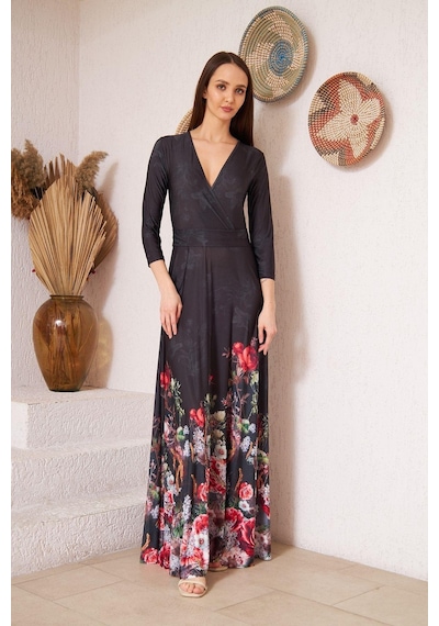 Darlin Moda Siyah Kruvaze Kırmızı Çiçek Desenli Abiye Elbise Dm1016