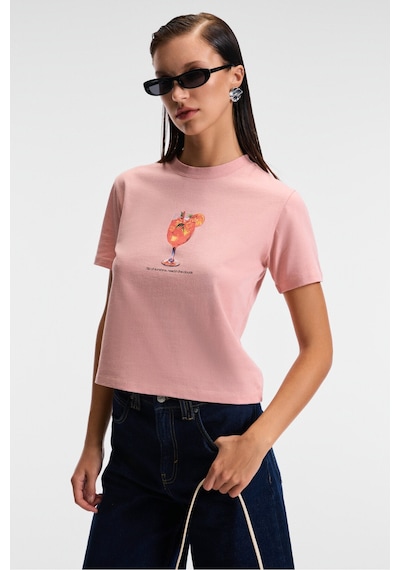 Grımelange IVONNE Kadın Cocktail Baskı Desenli Kısa Kollu Organik Pamuklu Bisiklet Yaka Crop Pembe T-Shirt