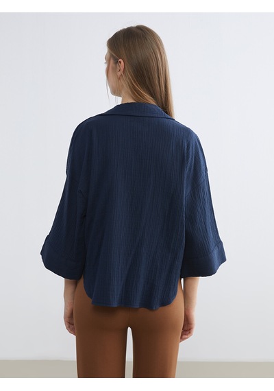 Lcw Vision Lacivert Dokulu Oversize Kadın Gömlek