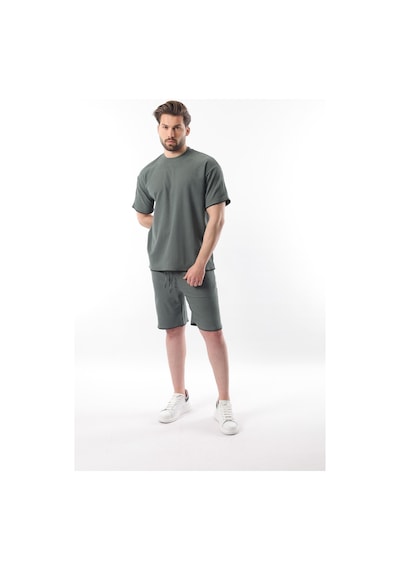 Madmext Haki Nakış Detaylı Erkek Şort T-shirt Takım E7305 Haki