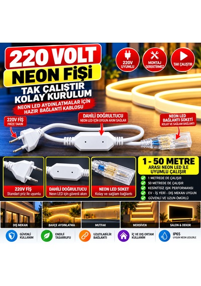 220v Neon Led Fişi Doğrultuculu Bağlantı Kablosu 1-50 Metre Uyumlu Tak Çalıştır Neon Led Güç Kablosu Soketli Hazır Bağlantı Aparatı Beyaz