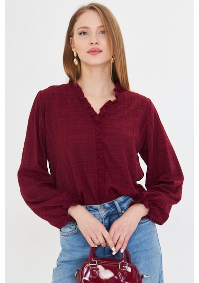 Armonika Kadın Bordo Yakası Ve Önü Fırfır Detaylı Kolları Lastikli Uzun Kollu Bluz Arm-25k001030