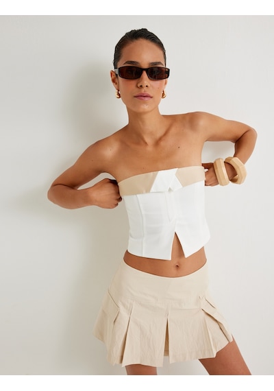 Koton Crop Straplez Büstiyer Kat Detaylı Renk Kontrastlı Slim Fit Kırık Beyaz 4sak30165ew Ekru