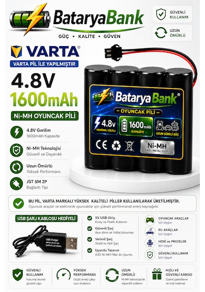 Varta 4.8v 1600mah Oyuncak Araba Pili Bataryası Siyah Soket + Usb Şarj Cihazı Varta Hücreli Şarjlı Batarya