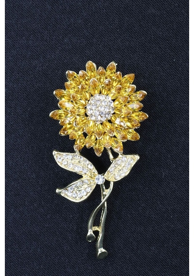 Ayçiçeği Broş. Taşlı Tasarım Ay Çiçekli Broş. Yaka Iğnesi Broş. Kadın Broş. Broş Gold