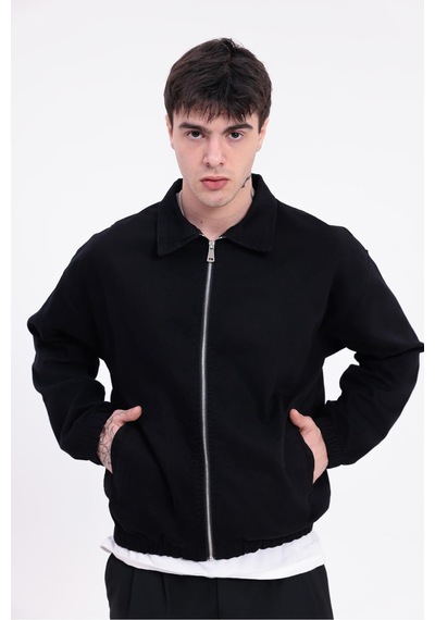 Erkek Gabardin Kumaş Fermuarlı Oversize Beli Lastikli Mevsimlik Ceket-265 Siyah