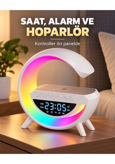 Şarjlı Hoperlör 7 Led Işıklı Bluetoothlu Alarm Saat Şarj İstasyonu Ritme Göre Renk