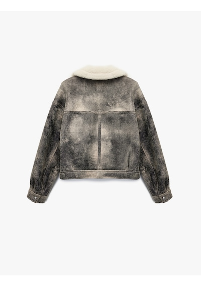 Koton Cepli Fermuarlı Eskitilmiş Süet Görünümlü İçi Suni Kürklü Crop Biker Mont Gri 6wak20063ew Gri
