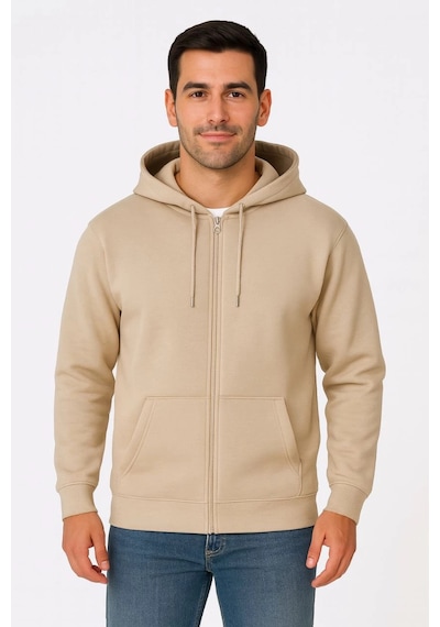 Novalisse Erkek 3 İplik Pamuklu Kapüşonlu Tam Fermuarlı Cepli Hoodie Sweatshirt - Bej Çoklu Renk