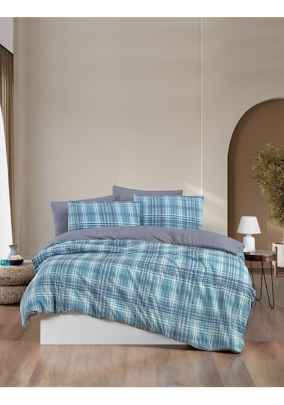Mystory Home Lastikli Çarşaflı Çift Kişilik Nevresim Takımı Ekose Indigo