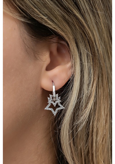 Nereze 925 Ayar Gümüş Rodyum Kaplama Çift Yıldız Halka Küpe