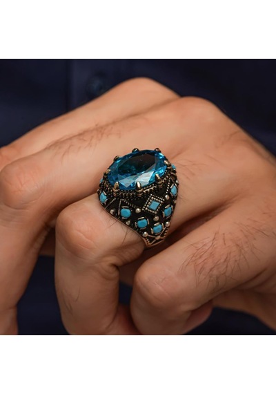 Oval Aqua Mavi Taşlı 925 Gümüş Erkek Yüzük Beyaz