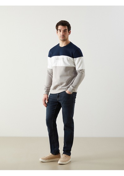 Lcwaıkıkı Classic Bej Bisiklet Yaka Uzun Kollu Renk Bloklu Erkek Sweatshirt
