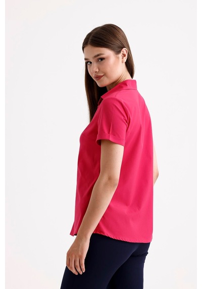 Sweetness Kadın Fuşya Pembe Likralı Kısa Kol Pamuklu Klasik Gömlek Fuşya