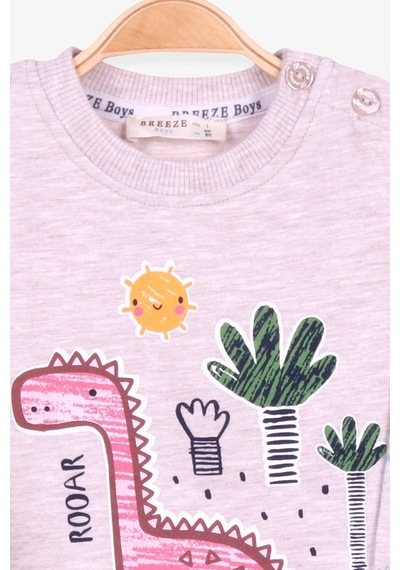 Breeze Erkek Bebek Eşofman Takımı Dinozor Desenli Bej Melanj (6 Ay-2 Yaş
