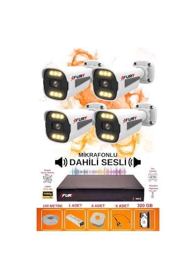 Fury 4 Lü Sesli 6 Warm Led Gece Renkli Görüş Su Geçirmez Güvenlik Kamerası Seti 320gb