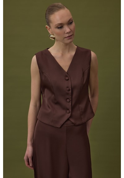 Sateen Klasik Düz Yelek - Kahve-137028 Kahve