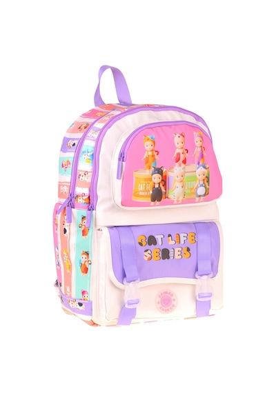 Kaukko Kids Dört Bölmeli Kız Çocuk Cat Life Baskılı Mor - Krem Okul Sırt Çantası - L5313