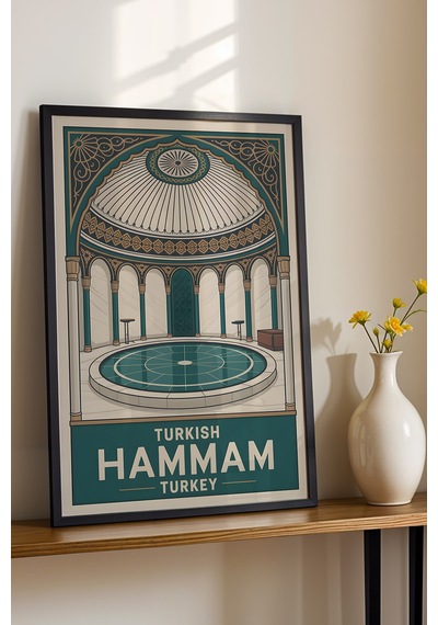 Türk Hamamı Tablo - Retro Banyo Dekoru - Geleneksel Hamam Kültürü Serisi - Çerçeveli Duvar Posteri Siyah