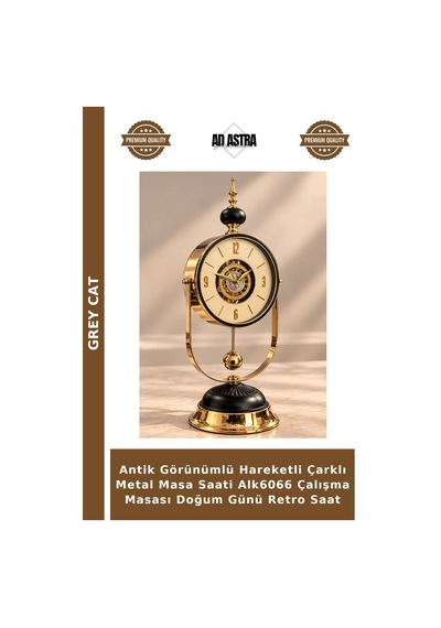 Antik Görünümlü Hareketli Çarklı Metal Masa Saati Alk6066 Çalışma Masası Doğum Günü Retro Saat Eskitme
