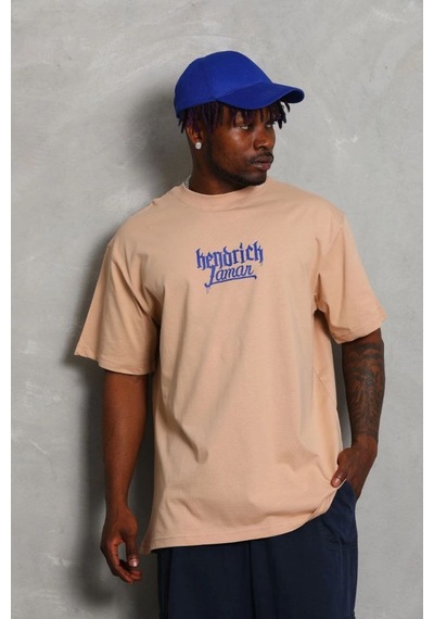 Oversize Baskılı Bisiklet Yaka T-shirt - Bej -