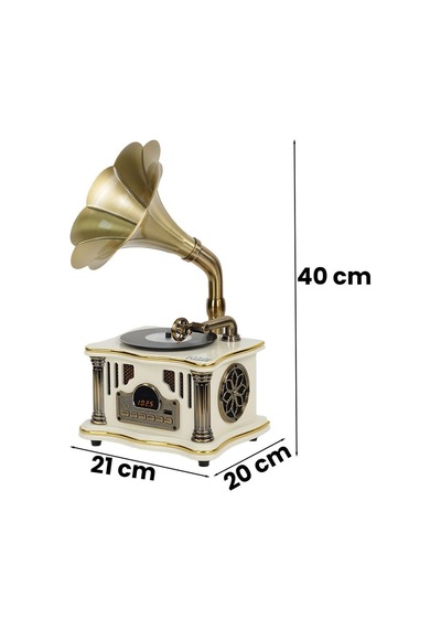 Midex Gr-26wh Fm Radyolu Nostaljik Gramofon Görünümlü Müzik Kutusu Bluetooth Hoparlör