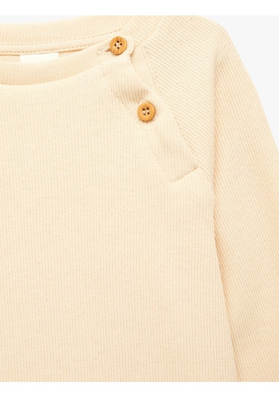 Koton Düğmeli Uzun Kollu Bisiklet Yaka Pamuklu Sweatshirt Bej 7wmb10016tk Ekru