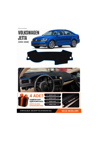 Volkswagen Jetta 2010-2018 Uyumlu Torpido Örtüsü, Torpido Kılıfı - Siyah-mavi - Vw013