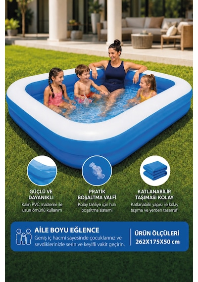 Walke Şişme Aile Havuzu 211x132x46 Cm Dikdörtgen Bahçe Havuzu 14110 Mavi