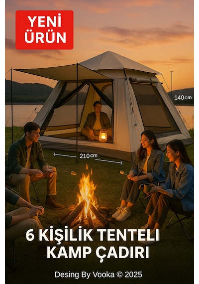 6 Kişilik Otomatik Kamp Çadırı Sineklikli & 3000 Mm Su Geçirmez Outdoor Çadır Bej