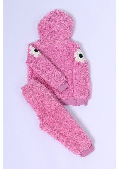 Hçm Kız Çocuk Peluş Alt-üst Takım Çiçek Baskılı Kapşonlu D25 Pembe