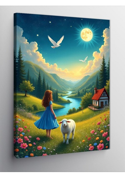 Kanvas Tablo Yeşil Vadide Kız Ve Kuzu 50cmx70cm