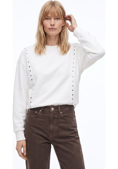 Fabrika Ekru Kadın Bisiklet Yaka Oversize Taşlı Sweatshirt F5wl-swt0038