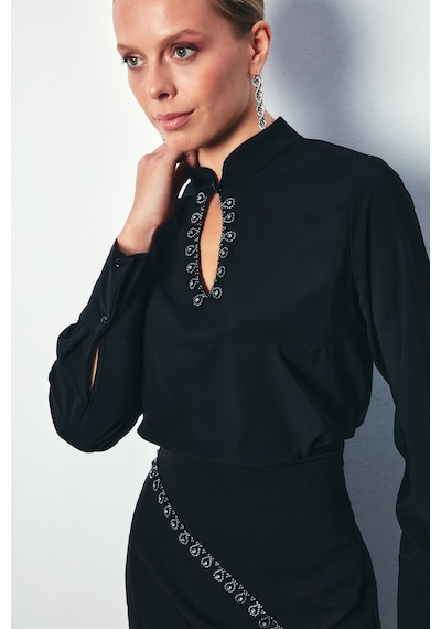Sateen Yaka Damla Detaylı Bluz - Siyah