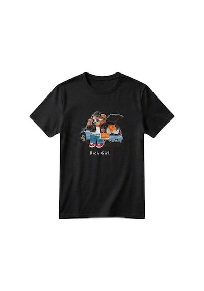 Erdem Kıds Unisex Kız Erkek Çocuk Baskılı Bisiklet Yaka Kısa Kollu Pamuklu Günlük T-shirt Rıch Gırl Siyah Rıch Gırl Siyah
