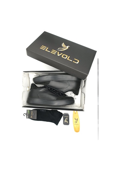 Elevold Man Erkek Hakiki Deri 7 Cm Boy Uzatan Siyah Spor Ayakkabı Siyah