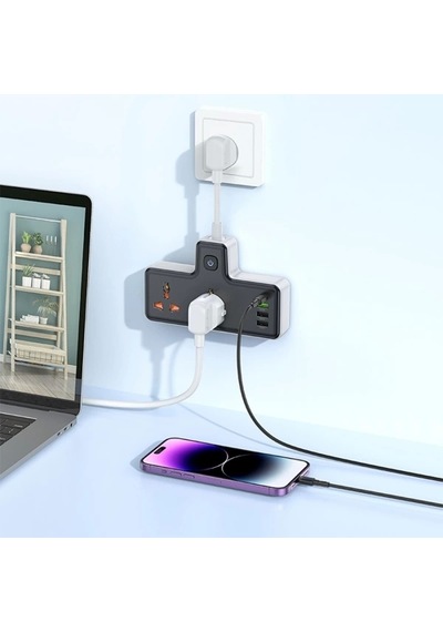 Hoco AC12A 2500W 2 Priz + 3 USB + 30W Type-C Multifonksiyonel Priz Çoğaltıcı Şarj Aleti
