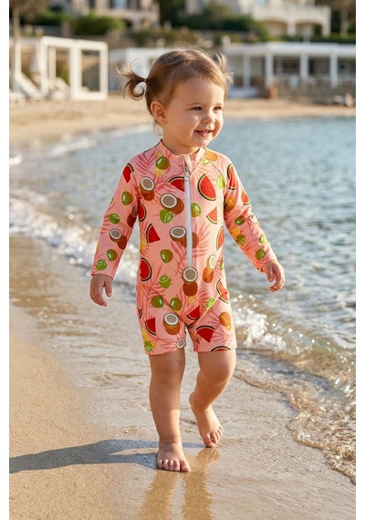Zuzunga Summer Fruit Desenli Kız Bebek Uzun Kollu Fermuarlı Tulum Mayo