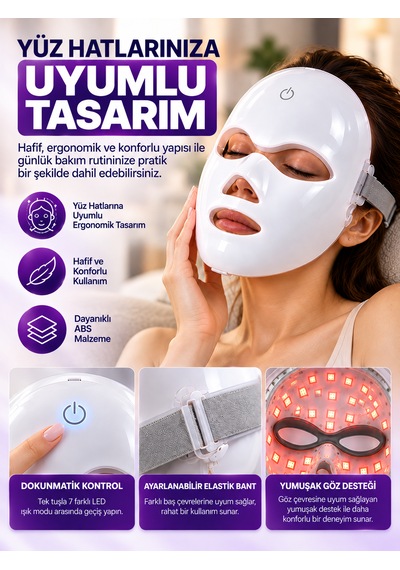7 Renk Led Işıklı Yüz Bakım Maskesi Şarjlı Dokunmatik Kontrollü Ayarlanabilir Bantlı Cilt Bakım Cihazı