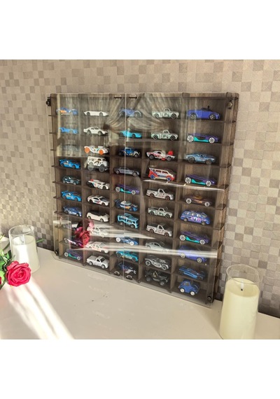 Pleksi Kapaklı 1/64 Ölçek 50araç Hotwheels Matchbox Metal Araç Uyumlu Model Oyuncak Araba Rafı-kahve Abanoz - Beyaz
