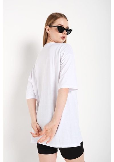 Flood Of Style Kadın Beyaz Cactus Logo Baskılı Oversize T-shirt