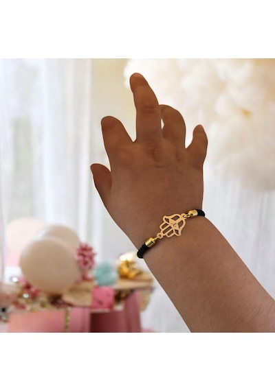 Y Harfine Özel Hamsa Motifli 14 Ayar Altın Plakalı Siyah İpek Örgülü Hediye Bileklik-509harf Y